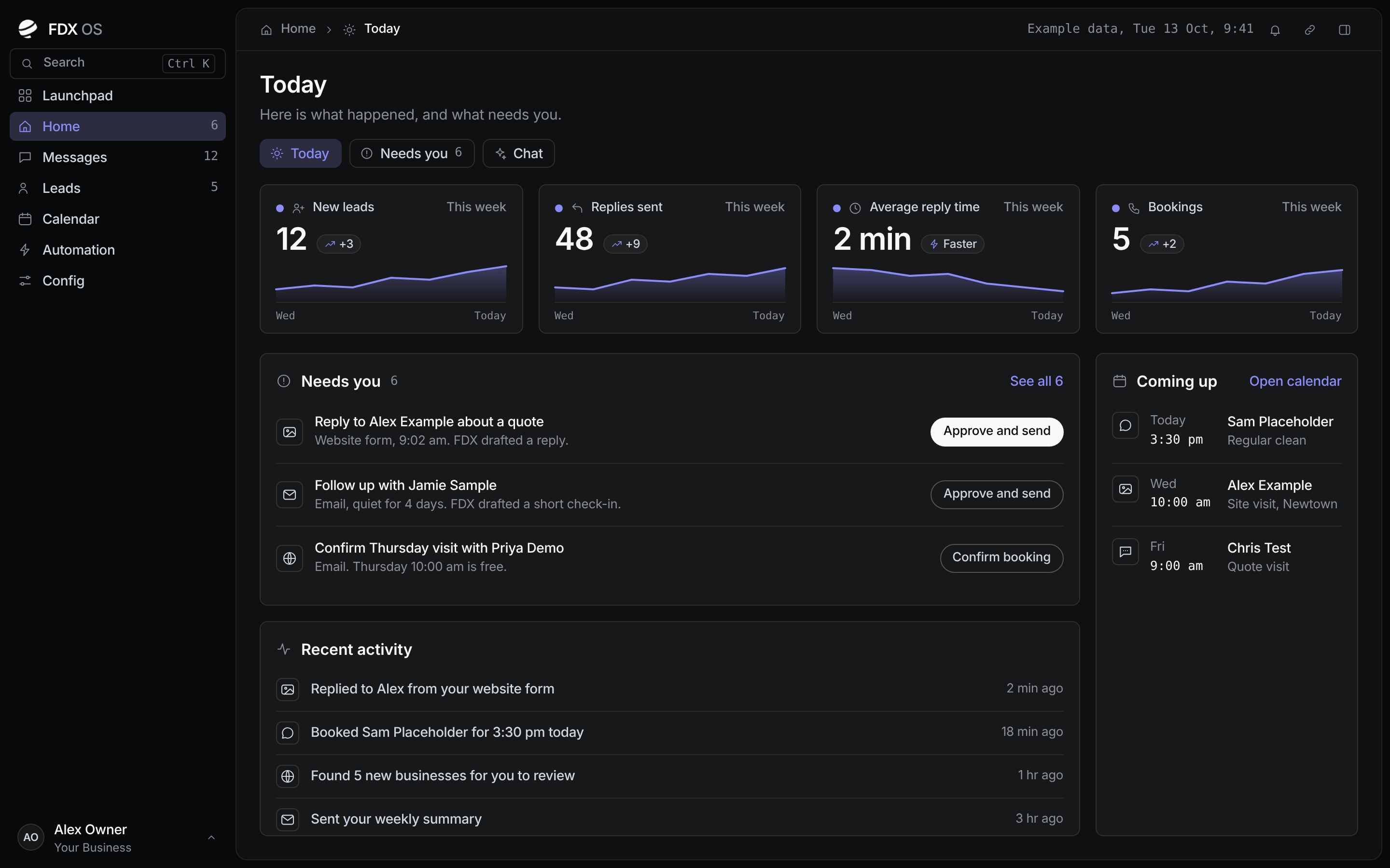The FDX Home screen with example data: new enquiries, replies waiting for your OK and upcoming bookings